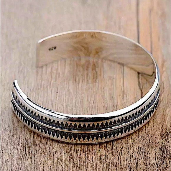 Sterling Silver Sawtooth Design Bracelet Cuff Bracelet Unisex - Picture 6 of 12